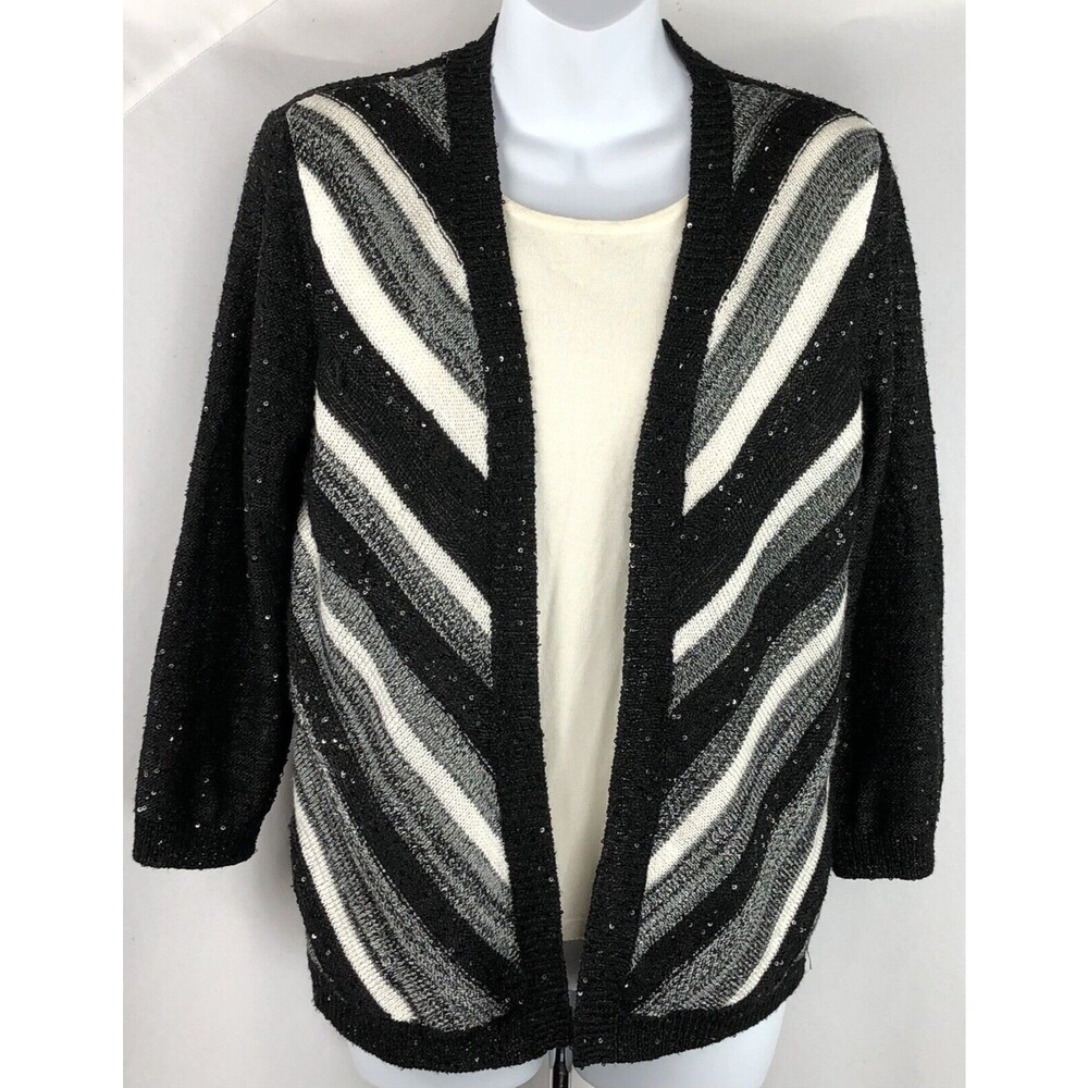 Alfred Dunner Combo Inset Cardigan Sweater PM Wht Blk Stripe Sequins Rayon Knit